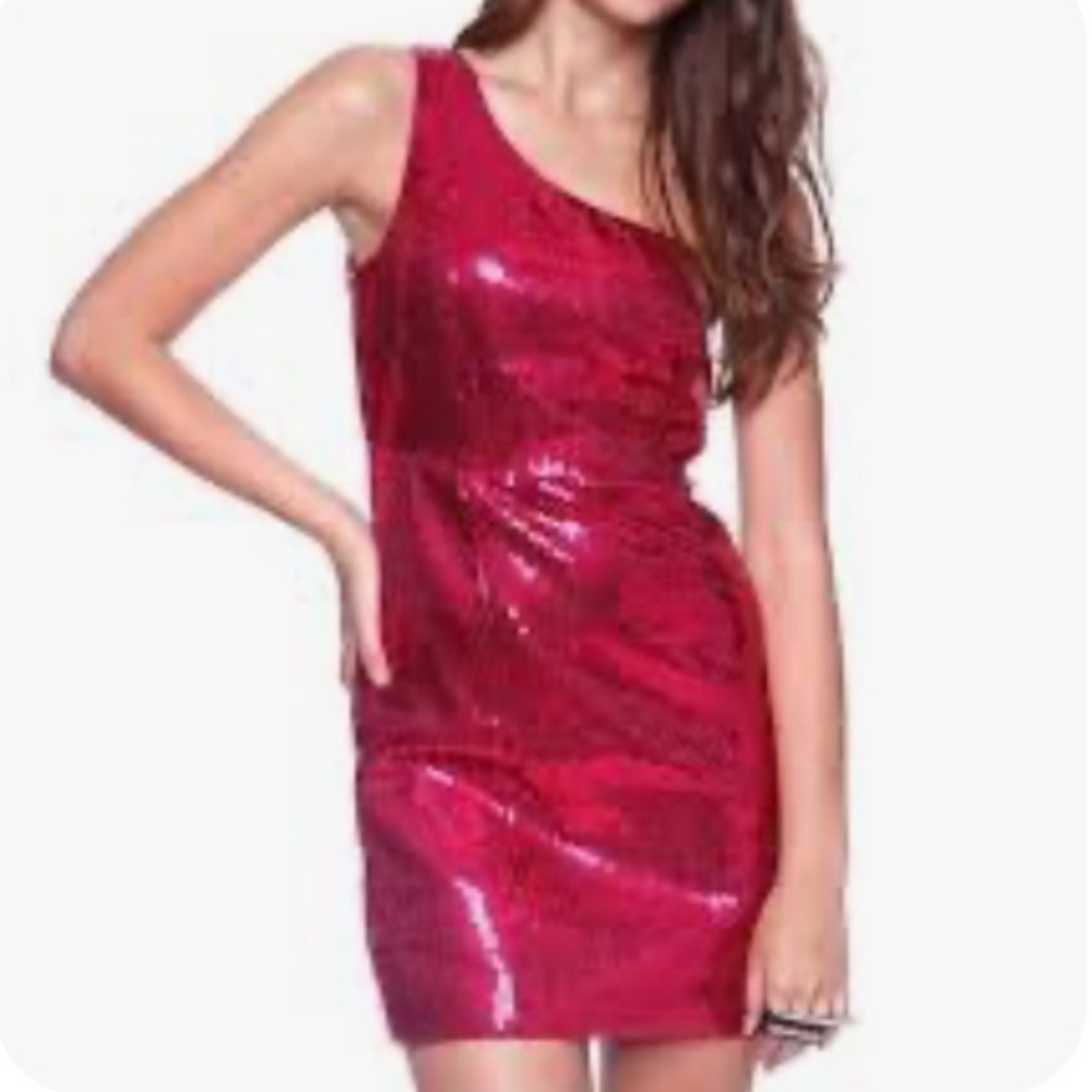 Vintage Forever 21 One Shoulder Bright Barbie Pink Sequin Mini Dress HOCO Prom S